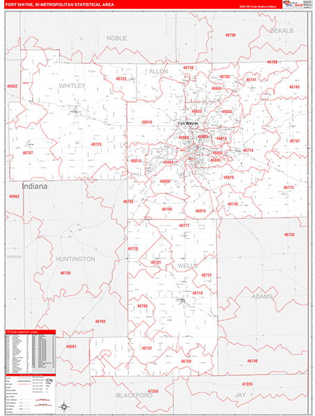 Fort Wayne Metro Area Wall Map Red Line Style
